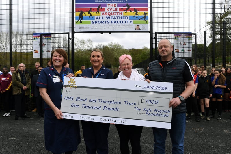 Kyle’s parents, trustees of the charity, presented representatives from the Leeds NHS Blood and
Transplant Trust a cheque for £1000 on behalf of the charity before they cut the ribbon to officially open the facility.