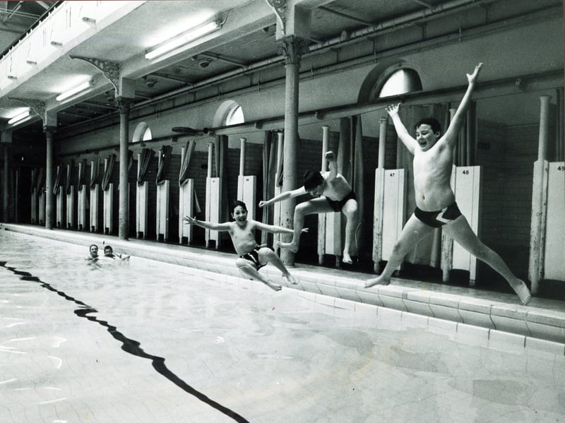 Youngsters leap into the water at Attercliffe Swimming Baths in 1982