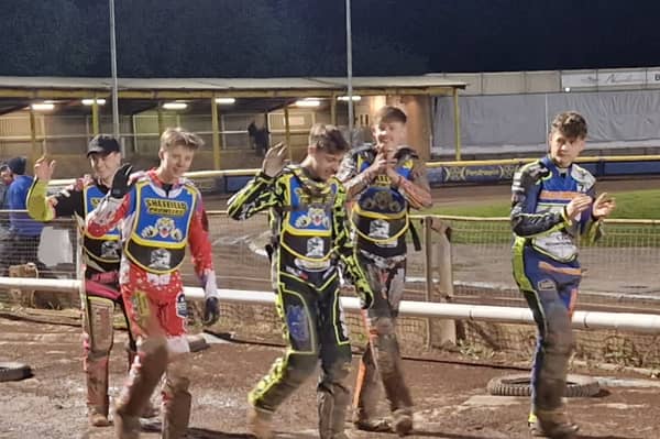 Members of the Sheffield Tigers cubs applaud the crowd after winning their first meeting of the National Development League season