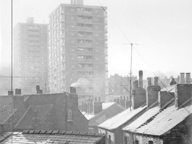 Looking over homes on Fawcett Street, Mushroom Lane and  Bromley Street towards the Netherthorpe flats during the 1960s