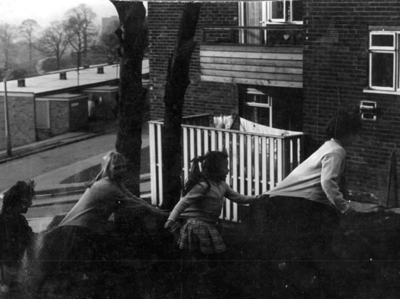 Youngsters playing outside flats in Gleadless Valley, Sheffield, during the 1960s