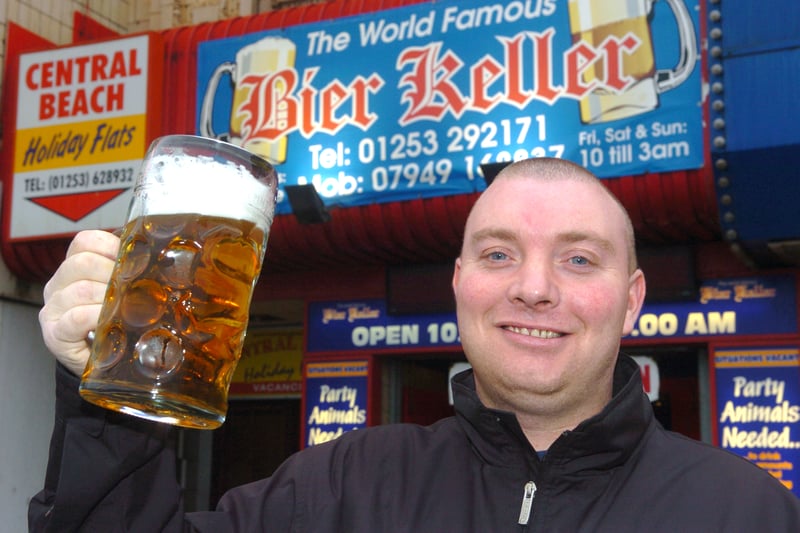 Owner Oggie  ( Alan Ogden ) outside his pub the Bier Keller on Blackpool Promenade. 