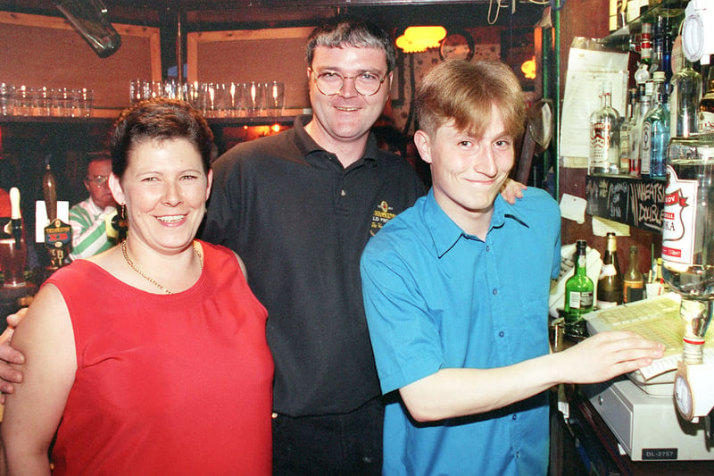 Wheatsheaf party night. Hardworking bar staff, from left, Roger Annesly, Paddy McPhee and Matthew Eastwood.