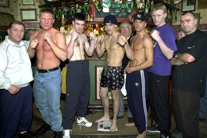 The boxers for tomorrow night's bouts at Blackpool Tower were officially weighed in at the Wheatsheaf pub.
Pic L-R: Manager Louis Veitch, Paul Richardson, Alan Campbell, Elias Boswell, Chief Inspector for British Boxing Board John Hall, Andy Abrol, Lee Blundell and trainer Ted Mahaffey