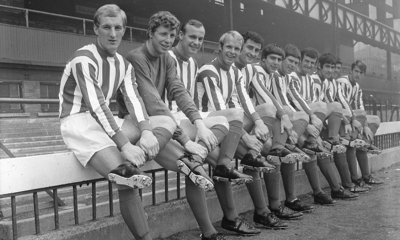 The players were trying out some new boots in September 1968.
Pictured, left to right: Bruce Stuckey, Jimmy Montgomery, Gordon Harris, Calvin Palmer, Charlie Hurley, Ian Porterfield, Len Ashurst, George Mulhall, Billy Hughes, George Herd and Colin Suggett. 