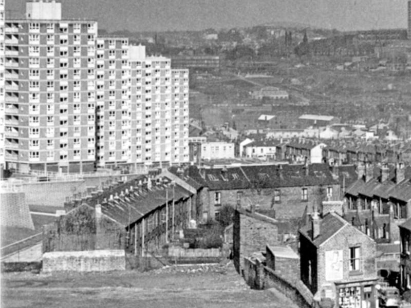 Looking out from the recreation ground at housing on Wentworth Street and the Martin Street flats in Upperthorpe, Sheffield, during the 1960s