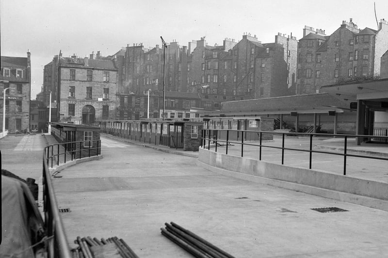 The bus station at St Andrew Square almost ready to open. Here, the arrival and departure platforms are nearing completion, October 1956.