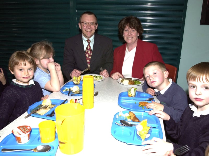 Philip Trevor, Head of Finance,Housing and Direct services, and Margaret Risdale, Head of Catering, cleaning and Markets taking lunch with some of the pupils from the Birley Spa Primary school as part of National School meals week in 2000. Photo: Barry Richardson, Sheffield Newspapers