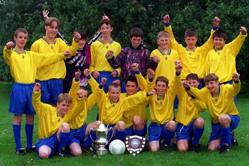 May 1997 and the school's U-13s football team were celebrating winning the league as well as joint winners of the Don Revie Cup. Pictured, back row from left, are Asa Beaumont, Lewis Loftus, Richard Earnshaw, Sean Morris, Danny Wilson, Danny Shinners, Robert Turner and Antony Bray. Front row, from left, are Stephen Thomas, Sean Smith, Chris Ross, Glenn Stubbins, Carl Ross, Mark Beattie and Paul Hurrell.