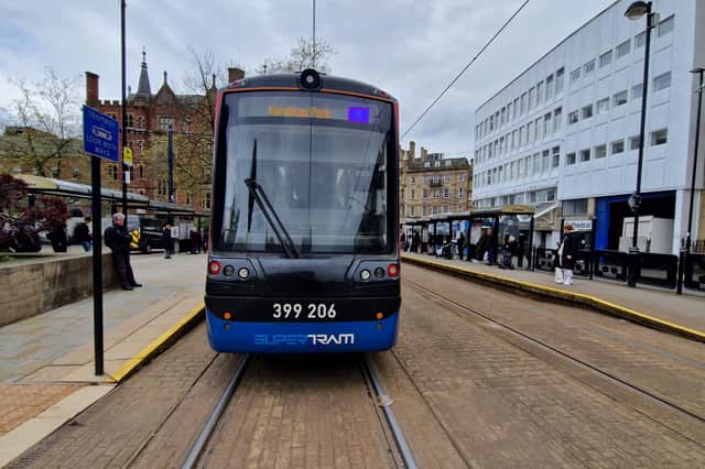 A tram-train in Sheffield city centre.