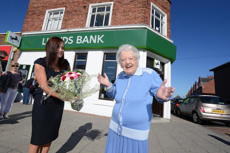 Jennie Morton, 100, was the special guest who reopened the Lloyds Bank branch on Sea Road, Fulwell, in September 2013.
To mark the big day, branch manager Sandra Appleby presented her with a beautiful bouquet of flowers.