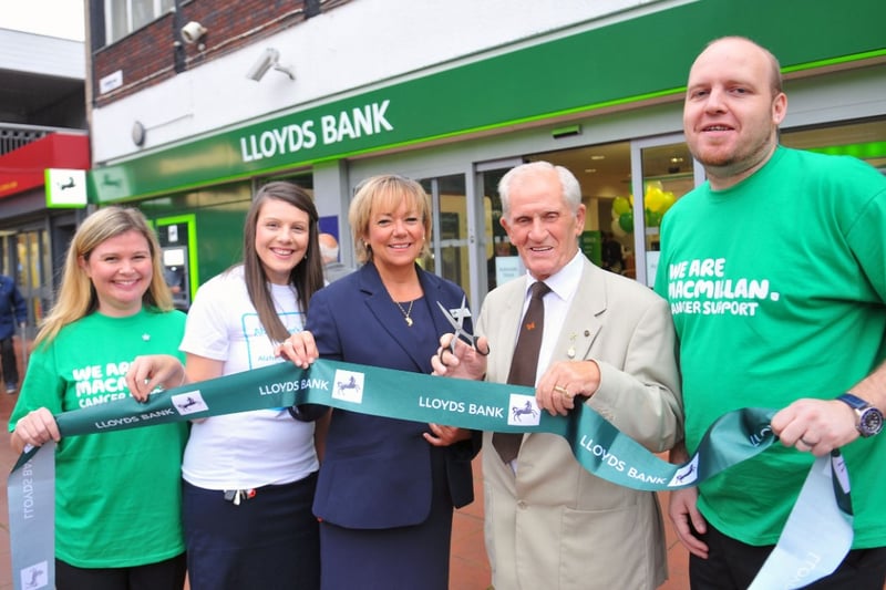 Peterlee was the place to be for the opening of  the rebranded Lloyds Bank in September 2013.
Harry Bennett performed the ribbon cutting ceremony with 
staff members (left to right) Louise Goedge, Sara Younghusband, Judith Parkinson and Ian Stewart looking on.