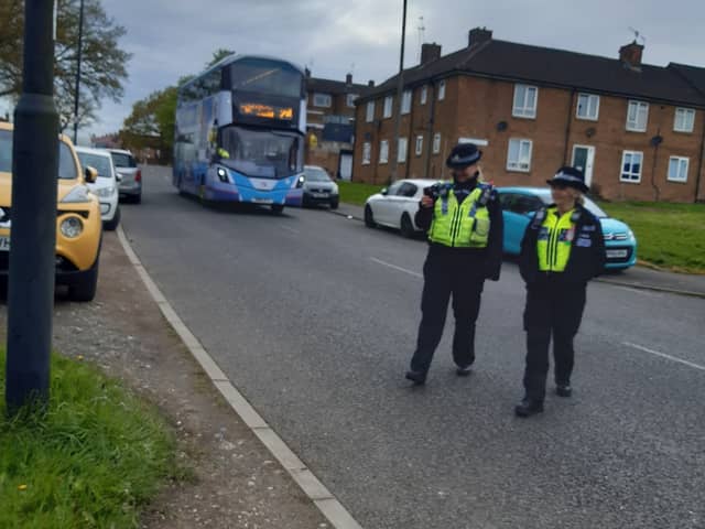 Police have stepped up patrols in Lowedges, Sheffield, as investigation into shooting moves on. Picture shows officers on patrol. Photo: South Yorkshire Police