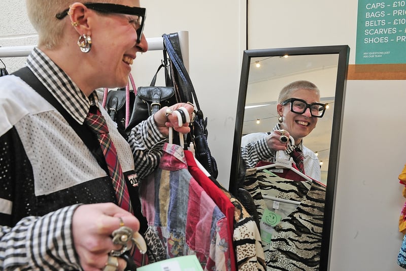 Lucy Pollard of Batley views some of her clothes at the Glass Onion Vintage Pop Up