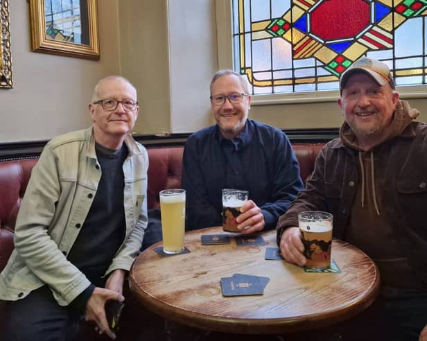 Steve Davis, left arrived at the Hallamshire House pub, Crookes, Sheffield, and chatted with locals as well as playing music. Photo: Thornbridge Brewery