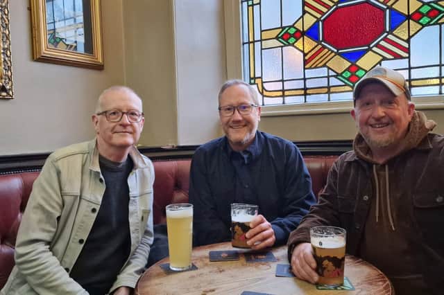 Snooker legend Steve Davis, left, with locals at the Hallamshire House, Crookes, after arriving to play some music.. Photo: Thornbridge Brewery