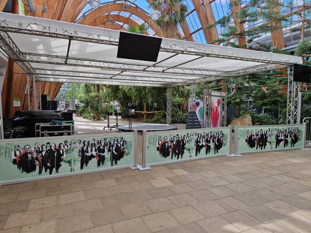 The BBC's studio in the Wintergarden. Police have been called after a man was seen biting a child's ear in the background while an interview was being carried out