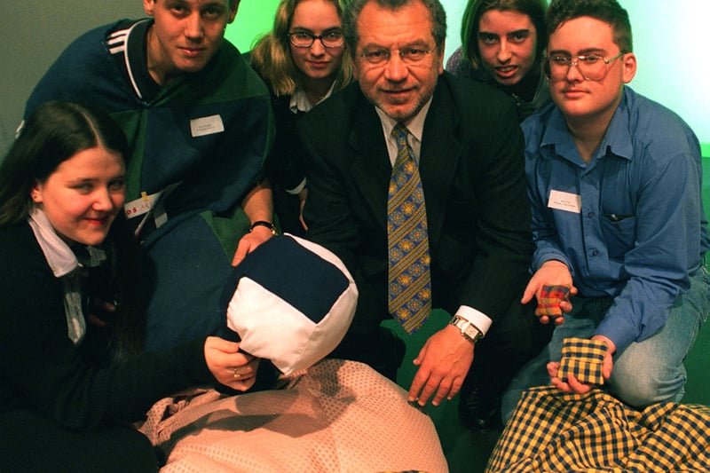 Entrepreneur Alan Sugar is pictured with bean-bag makers in February 1998. From left, are Kirsty Coggill, Chris Holland, Becky Briggs, Emma Tetley and David Carr.