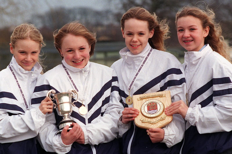 February 1998 and pupils were celebrating success at the English Schools Junior girls swimming Championships.  Pictured are Sally Rusbatch, Nicola Crigg, Joanne Dawson and Lana Schofield.