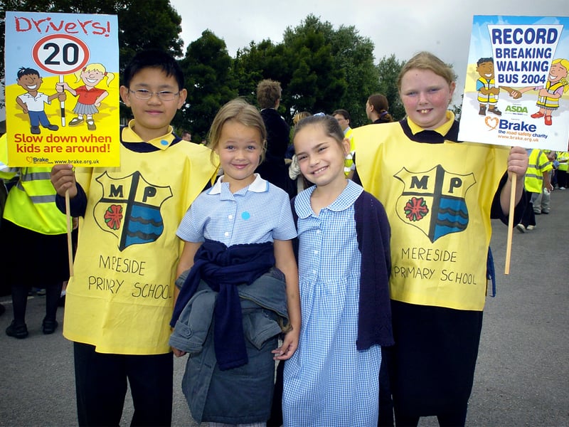 Hundreds of pupils from Waterloo and Mereside Primary Schools in Blackpool took part in a record-breaking 'walking bus' event, held in Asda's car park. Four of the walkers L-R: Gary Tang, Amy-Jo Heyworth, Megan Ward and Megan Todd