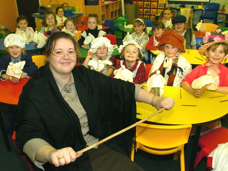 Victorian Day at Christ the King Catholic Primary School, Grange Park, Blackpool. Year Two teacher Katy Tyler (who organised the day) and her class dressed in Victorian Costume.
