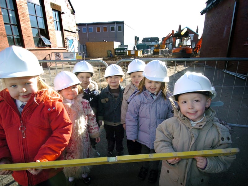Pupils from the nursery and reception classes at Thames Primary School,Blackpool, inspect the building work on the new children's centre. L-R Alicia, Alesha, Matthew, Anthony, Michael, Georgia and Harvey