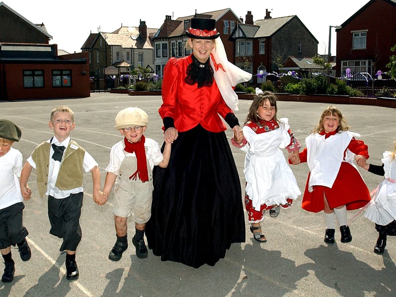 Centenary celebrations at Thames Primary School, South Shore, Blackpool. Reception class teacher Nicola Cassidy, with (from left), Mitchell Ramby, Connor Munn, Anthony McDonald, Emily Jackson, Stephanie Jade Mason and Sophie Mathers