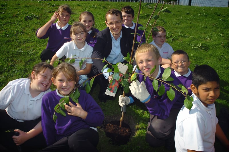 The Director of the Public Health Primary Trust Dr. Andrew Howe was at Boundary Primary School in Blackpool to officially open their new allotment. Dr Howe helps with the tree planting