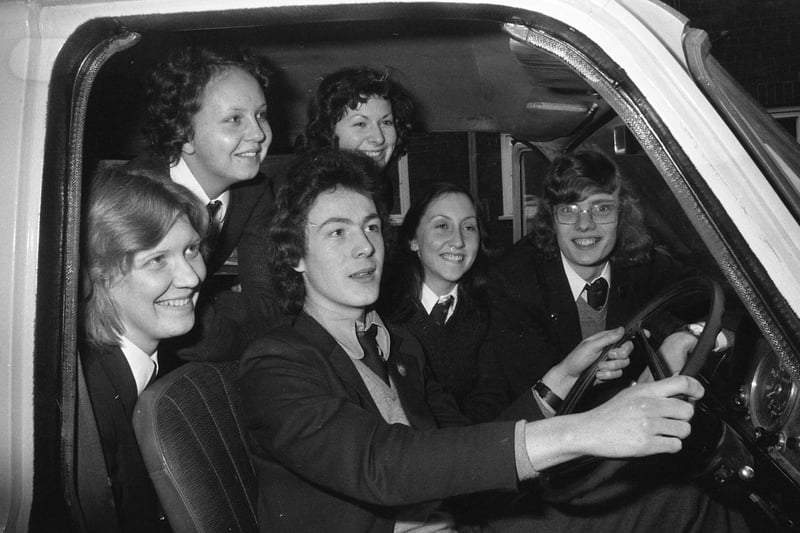 Some of the Houghton Secondary School pupils inside their new mini bus in 1975.