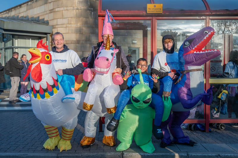 All dressed up with somewhere to go on their Saturday night were this quartet of chicken, unicorn, alien and dinosaur!
