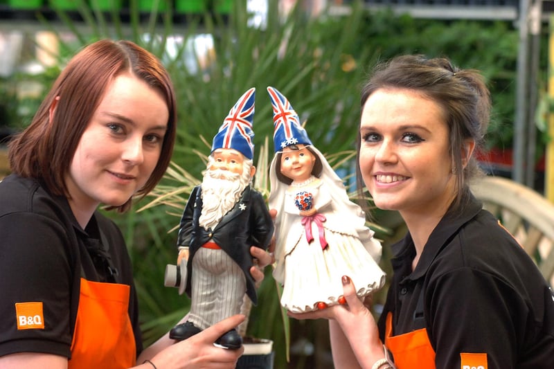 Laura Waiter (left) and Laura Ball showed off the Royal wedding gnomes which were on sale in the Trimdon Street branch in 2011.