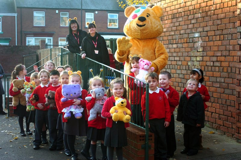 Pudsey was a special guest at Barnes Infants School - and so were these staff from B&Q - on Children in Need day in 2012.