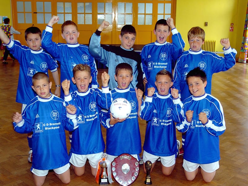 Holy Family Catholic High School-winners of the Blackpool Boys Primary Schools Cup and the Bloomfield Trophy. Back, from left, Patrick Hoey, Scott Baron, Danny Mahon, Jordan Meehan, Mark Robinson. Front, from left, Tom Ashton, Luke Smith, Ryan Stayte (captain), Josh Walker and Declan Fisher