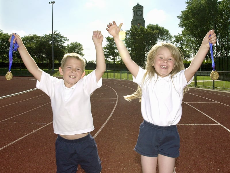 Blackpool Youth Sports Primary Schools road races at Stanley Park. Aaron Barker and Kirsty Williams (both aged eight) of Mereside Primary School with their medals