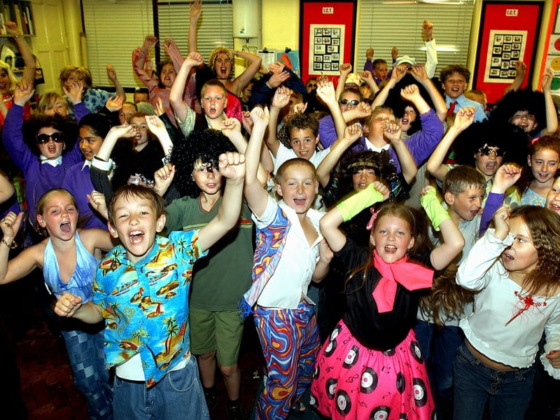 Centenary celebrations at Thames Primary School, South Shore, Blackpool. Year five pupils enjoying a '70's party