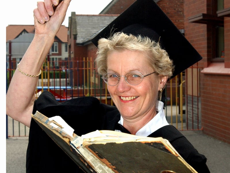 Centenary celebrations at Thames Primary School, South Shore, Blackpool. Headteacher Jean Martin with original 1903 school log and old bell