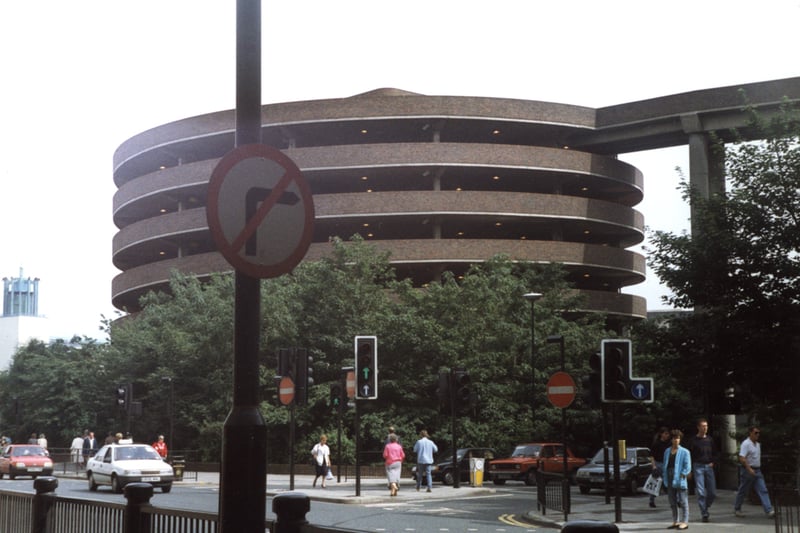 A view of the multi-storey car park Percy Street Newcastle upon Tyne taken c.1990. The photograph has been taken from the opposite side of Percy Street looking across to the circular car park.