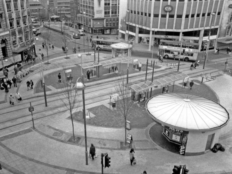 Castle Square, Sheffield city centre, in 1996, showing C&A and the news kiosk