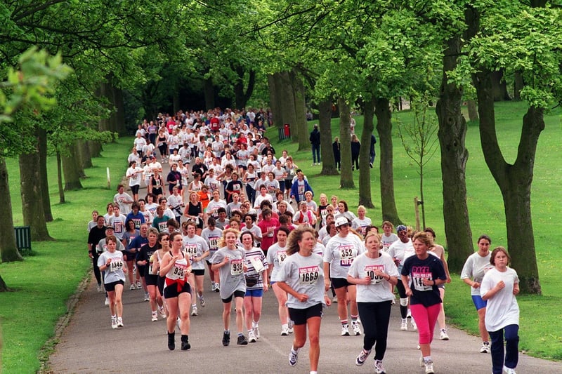 The mass of runners in the Race for Life event held at Roundhay Park in May 1998.