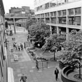 Elevated view of Exchange Street, Sheffield city centre, in 1995, showing Castle Market and The Gallery, to the right