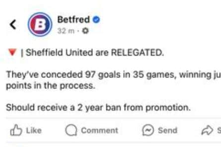 Betfred's since-deleted post which was made following Sheffield United's relegation from the Premier League