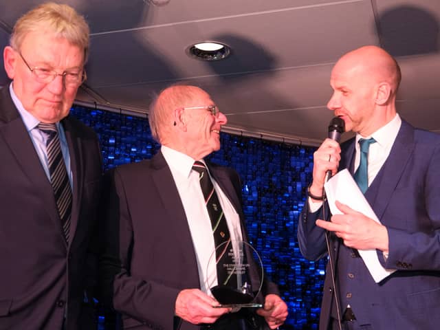 Sheffield United legend Ted Hemsley, speaking to Paul Walker as he is inducted into The Star's Hall of Fame alongside another hero, Tony Currie