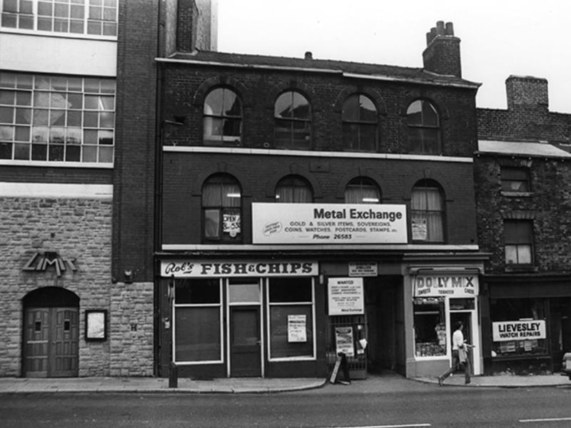 West Street, Sheffield city centre, in September 1981, showing the Limit nightclub, Rob's Fish & Chips, Dee Gee Precious Metals, Dolly Mix sweet shop, and Lievesley Watch Repairs