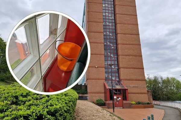 Harold Lambert Court in Sheffield, where buckets have been placed in the stairwell to catch water coming in when it rains. Together Housing has responded to complaints about the condition of the tower block