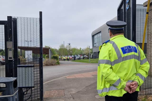 Police officer at the Birley Academy gates (May 1).