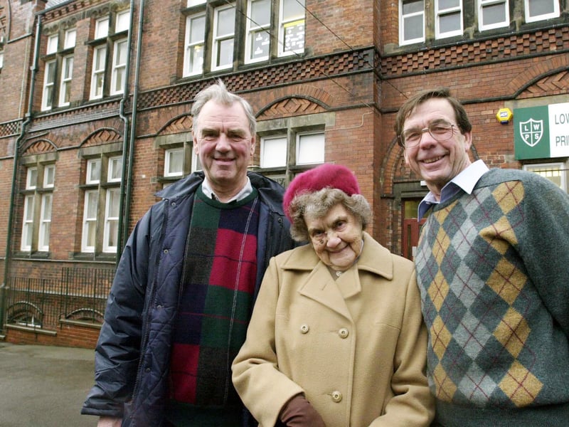 Alice Park, 91, with her son Geoffrey, right and nephew John Daniels at Lower Wortley Primary School who had a grand Millennium reunion in January 2000.