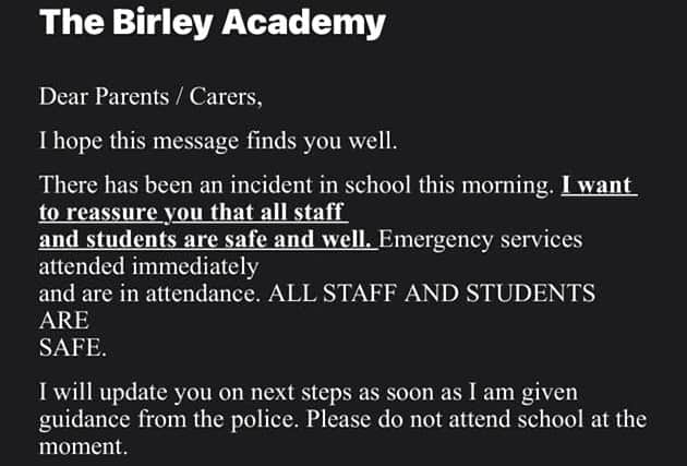 A text sent home to parents and carers of Birley Academy today (May 1) from headteacher Vicky Hall.