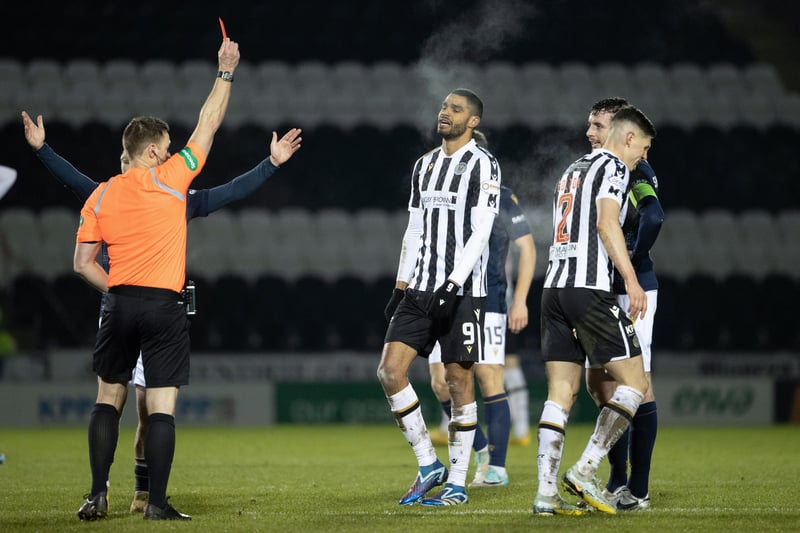 VAR intervention was deemed correct but the final outcome should have been a yellow card to St Mirren player James Bolton. Referee retained his on-field decision of a red card. Final score: St Mirren 2-0 Dundee