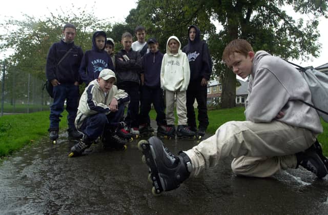 This group of youngsters launched a campaign for a skate park at Western Flatts Park in October 2001. Pictured, front left, is Nicky Woodcock and Tom Dibb, right, with friends looking on behind.