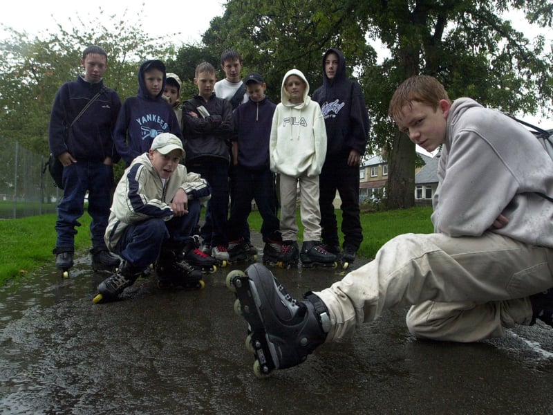 This group of youngsters launched a campaign for a skate park at Western Flatts Park in October 2001. Pictured, front left, is Nicky Woodcock and Tom Dibb, right, with friends looking on behind.